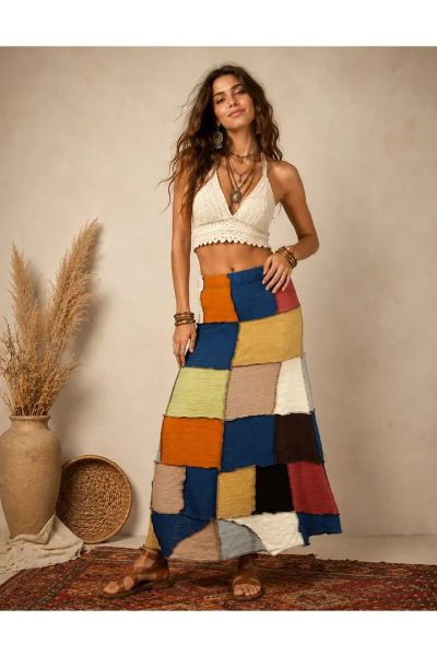Bohemian Patchwork Colorblock Knit Maxi Skirt