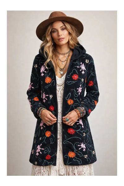 Boho Embroidered Velvet Hoodie Floral Jacket