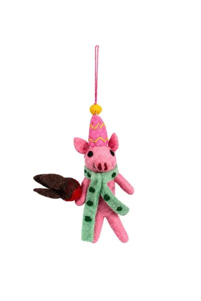 Handcrafted Wool Felt Pig Christmas Ornament with Party Hat