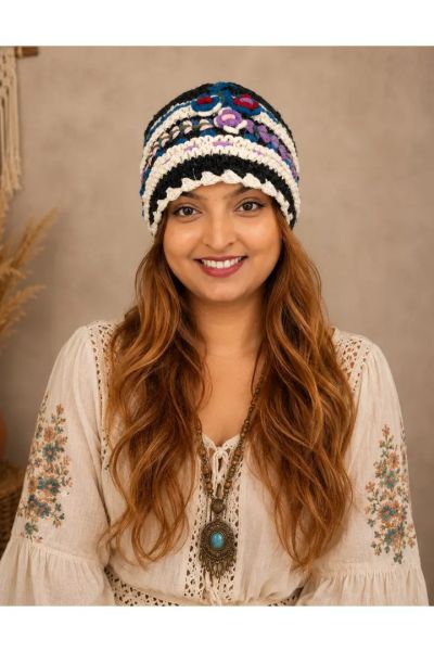 Women's Handmade Knit Crochet Floral Beanie Hat