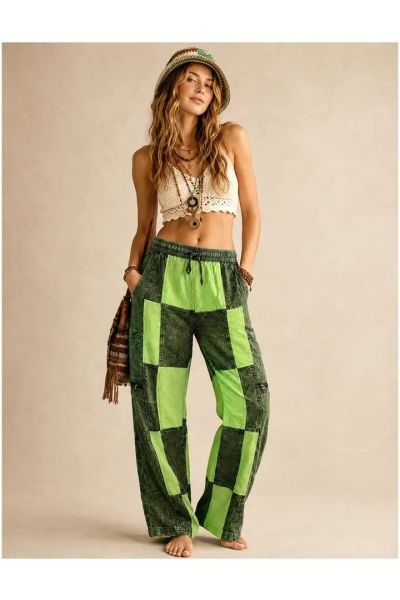 Boho Lime Green Patchwork Relaxed Fit Pants