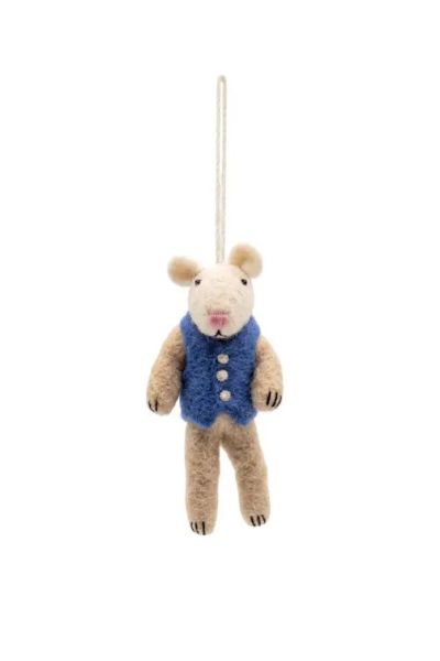 Handcrafted Wool Felt Mouse in Blue Vest Christmas Ornament