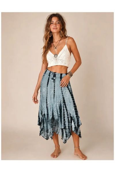 Bohemian Tie Dye Handkerchief Hem Midi Skirt