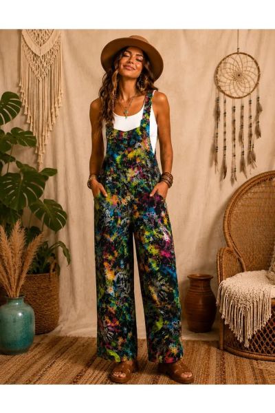Womens Psychedelic Print Wide-Leg Hippie Overalls