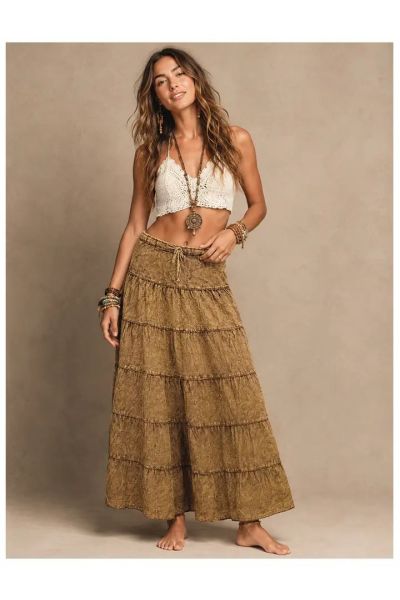 Vintage Wash Tiered Bohemian Maxi Skirt