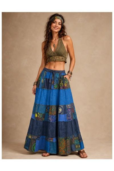 Bohemian Patchwork Tiered Hippie Maxi Skirt