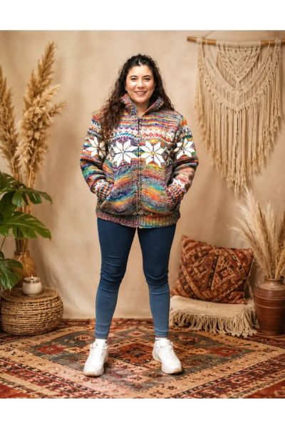 Women's Hand-Knit Rainbow Snowflake Wool Fleece-Lined Jacket