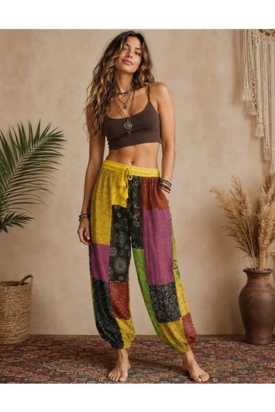 Boho Patchwork Wide Leg Cotton Pants