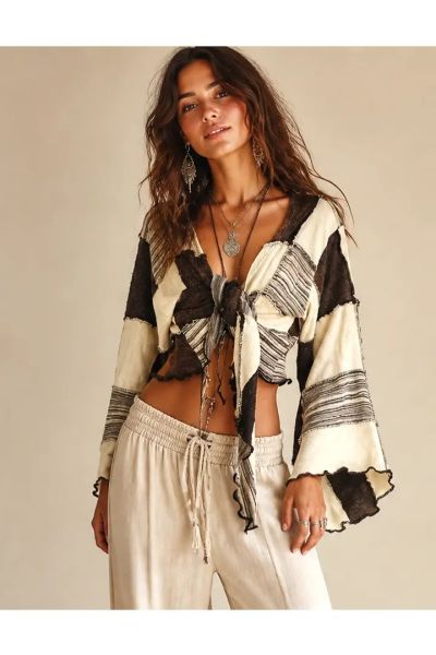 Women's Patchwork  Bell Sleeve Knitted Crop Top
