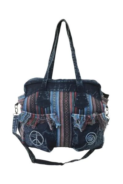 Boho Peace and Spiral Denim Tribal Hippie Crossbody Hand Bag