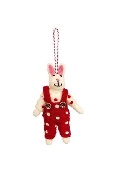 Handcrafted Wool Felt Bunny Christmas Ornament in Red Polka