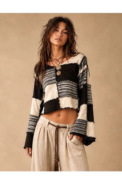 Women's Boho Patchwork Long Sleeve Crop Top