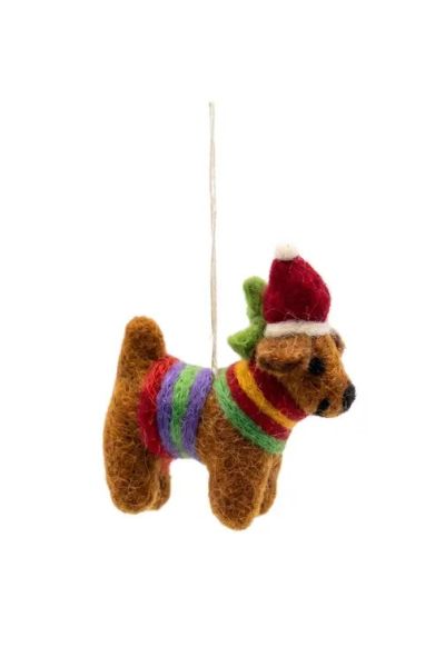 Handcrafted Wool Felt Dog with Santa Hat Christmas Ornament