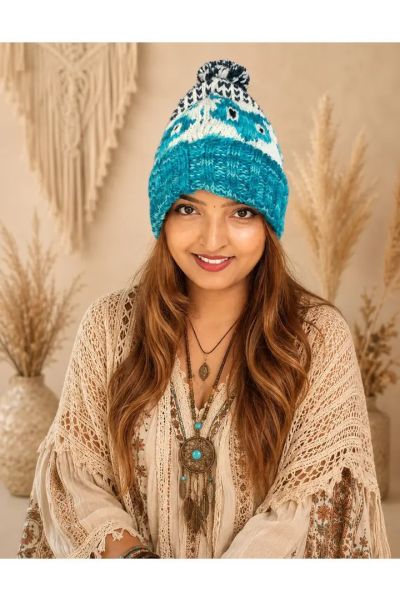 Women's Chunky Hand Knit Fair Isle Pom Beanie Hat