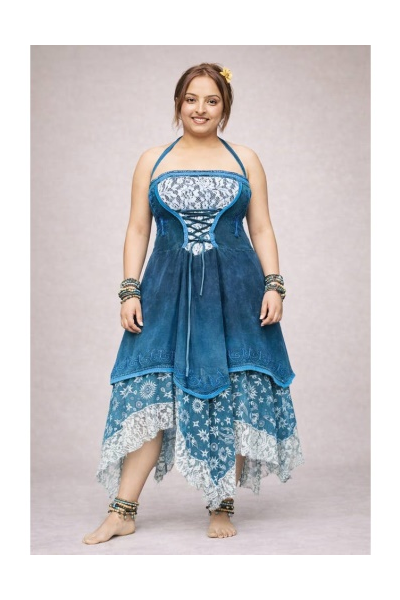 Womens Boho Corset Dress with Asymmetrical Lace Hem