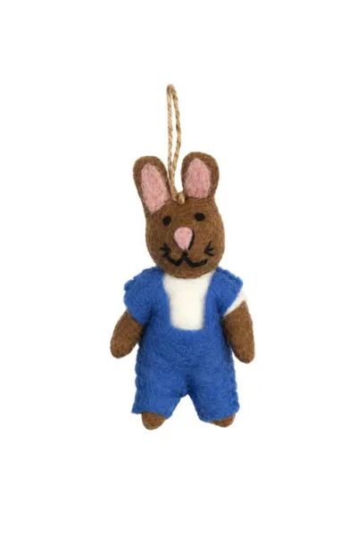 Handcrafted Wool Felt Bunny Christmas Ornament in Blue Overall