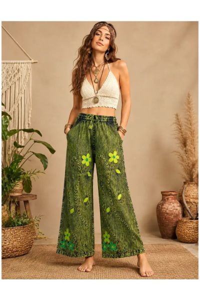 Embroidered Floral Boho Hippie Palazzo Pants