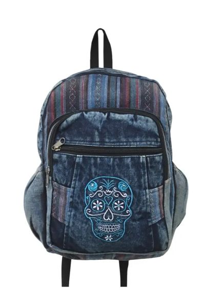 Boho Sugar Skull Denim Hippie Tribal Backpack Bag