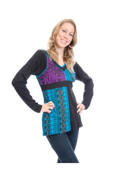 Black &amp; Purple Abstract V-Neck Full Sleeve Cotton Top                                                                        