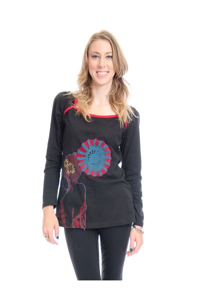 Red &amp; Black Abstract Full Sleeve Cotton Top                                                                                  