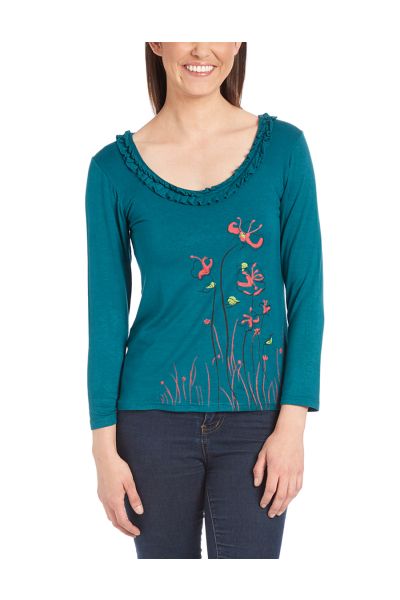Floral Scoop Neck Teal Full Sleeve Cotton Top