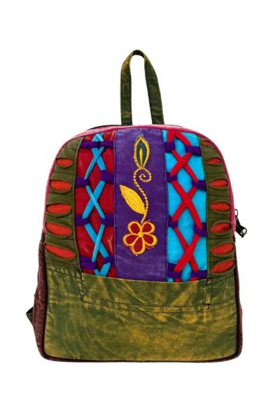 Flower Embroidered Razor Cut Boho Hippie Cotton Mini Back Pack Bag