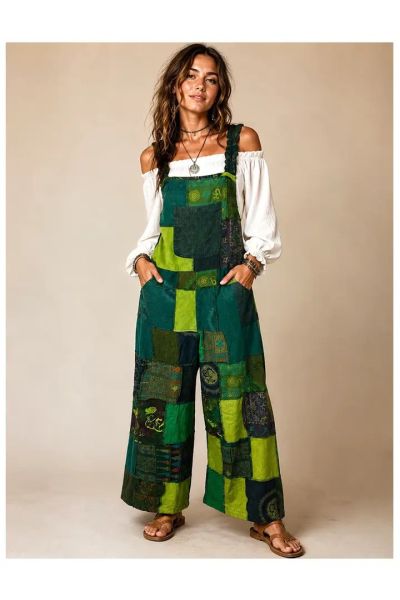 Women's Earth Tone Patchwork Wide-Leg Boho Overalls