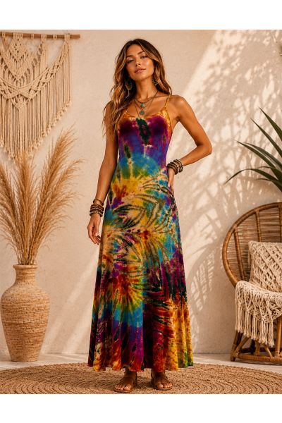 Women's Boho Tie-Dye Spaghetti Strap Maxi Dress