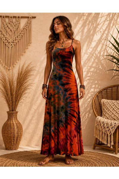 Women's Midnight Sunset Tie-Dye Spaghetti Strap Maxi Dress
