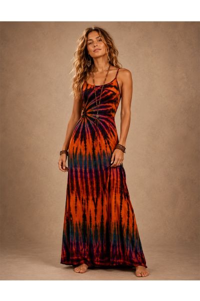 Women's Sunset Ember Tie-Dye Spaghetti Strap Maxi Dress