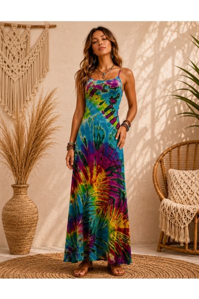 Women's Tropical Burst Tie-Dye Spaghetti Strap Maxi Dress