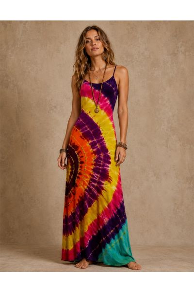 Women's Rainbow Sunset Tie-Dye Spaghetti Strap Maxi Dress