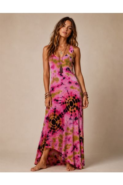 Women's Pink Blossom Tie-Dye High-Low Dress