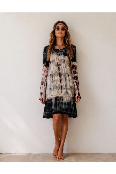 Women's Long Sleeve Tie-Dye Boho Swing Dress