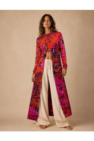 Women's Tie-Dye Long Sleeve Open Front Maxi Duster Cardigan