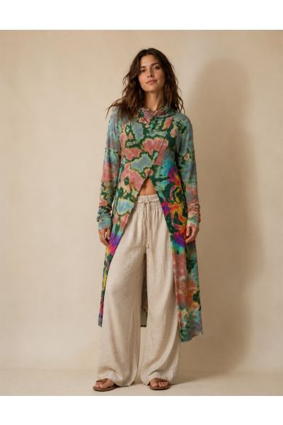 Women's Watercolor Tie-Dye Open Front Long Sleeve Maxi Duster Cardigan