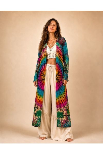 Bohemian Rainbow Spiral Tie-Dye Long Duster Cardigan
