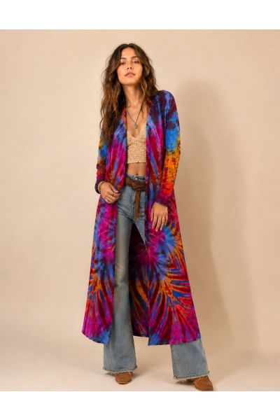 Bohemian Multicolor Tie-Dye Long Duster Cardigan
