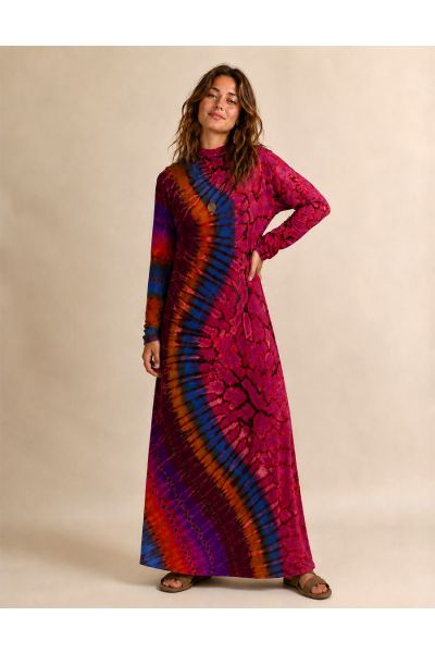 Bohemian Multicolor Tie-Dye Mock Neck Maxi Dress