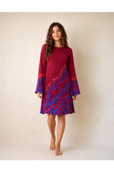 Bohemian Burgundy Tie-Dye Bell Sleeve Swing Dress