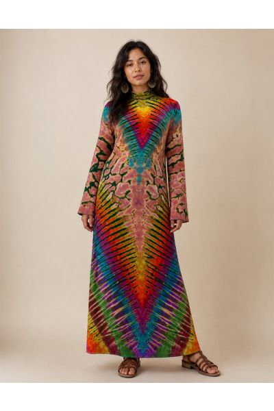 Bohemian Rainbow Tie-Dye Mock Neck Maxi Dress