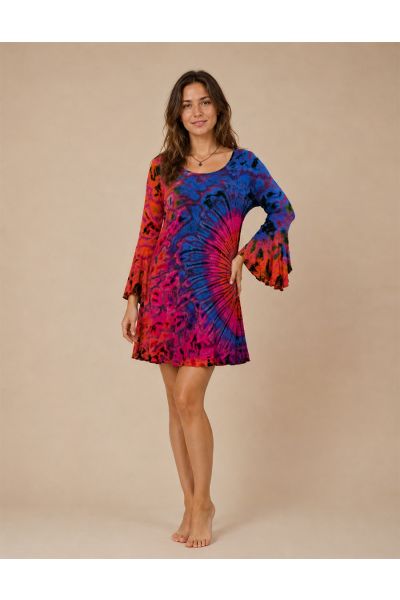 Bohemian Multicolor Tie-Dye Bell Sleeve Mini Dress