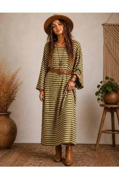 Women's Boho Striped Knit Maxi Dress