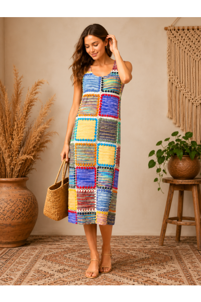 Women's Boho Colorblock Multi Patchwork Knitted Dress