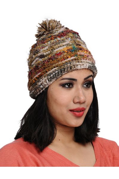 Wool Knit and Recycled Silk Beanie Hat