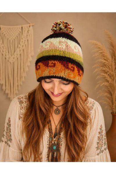 Women's Winter Hand Knit Southwest Pattern Pom Beanie Hat