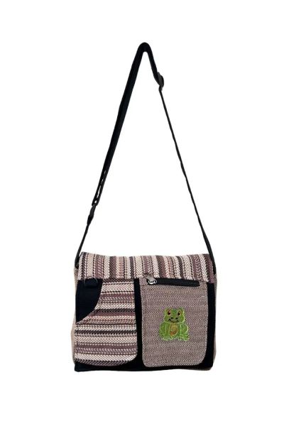Frog Embroidered Woven Patch Panel Boho Hippie Cotton Laptop Bag