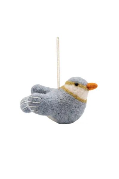 Handmade Wool Felt Grey Songbird Christmas Ornament