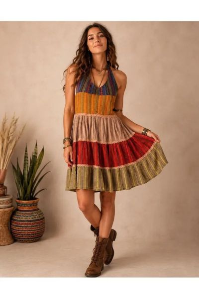 Boho Patchwork Tiered Halter Hippie  Mini Dress