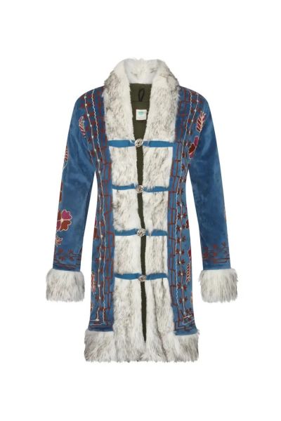 Boho Embroidered Penny Lane Coat Faux Fur Trim